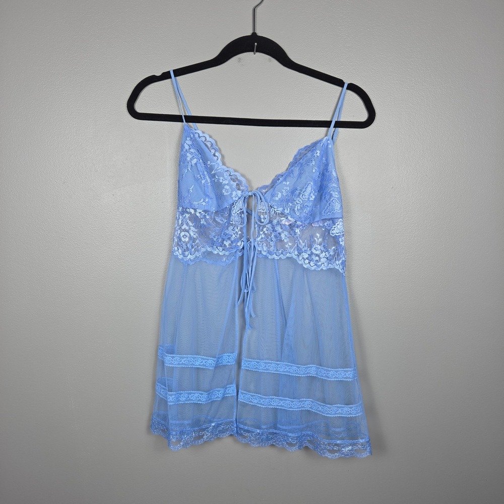 Victoria's Secret Women's S Y2K Babydoll Sheer Lace Tie Front Silk Trim Blue